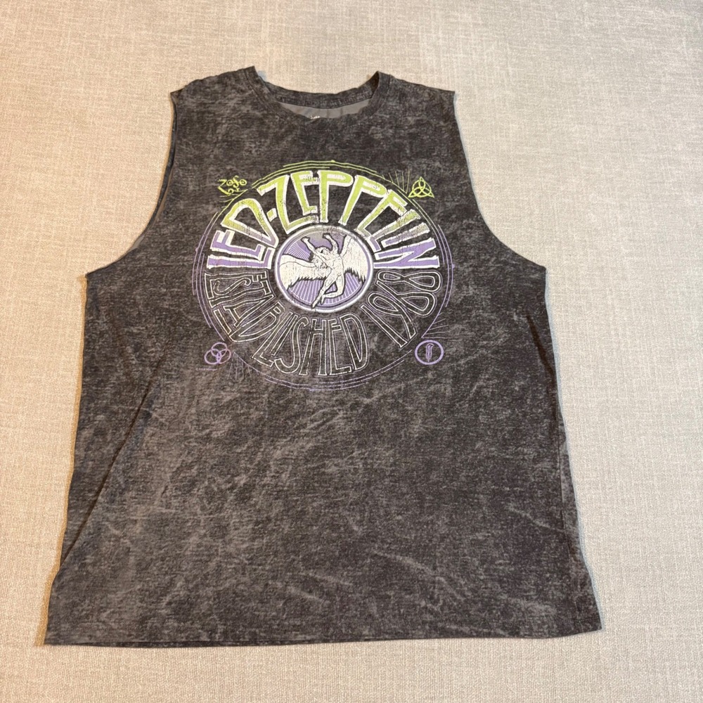 Led Zeppelin Tank Top Medium Gray Acid Wash Graphic Band Tee Established 1968